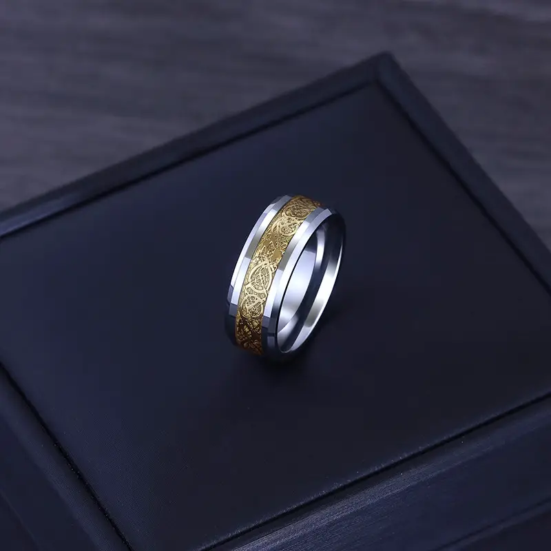 Men's Dragon Pattern Tungsten Steel Ring Silver Gold — feature 5