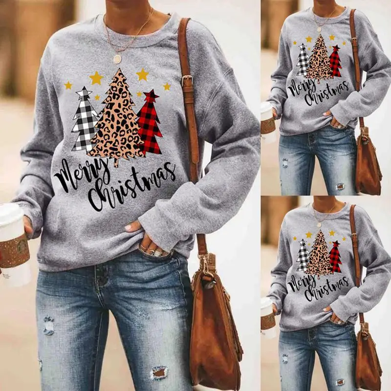 Merry Christmas Printed Women's Grey Sweatshirt Long Sleeve - Image 2