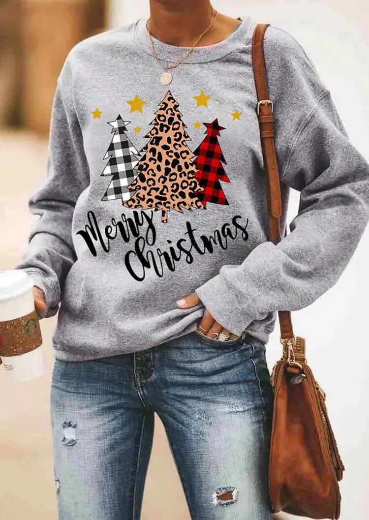 Merry Christmas Printed Women's Grey Sweatshirt Long Sleeve - Image 5