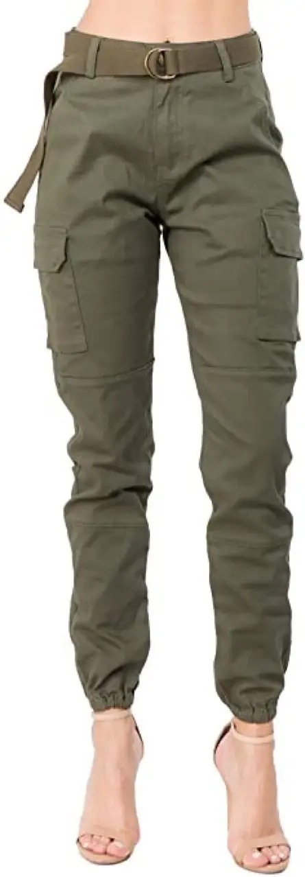 Women's Olive Green Slim Fit Cargo Pants with Belt