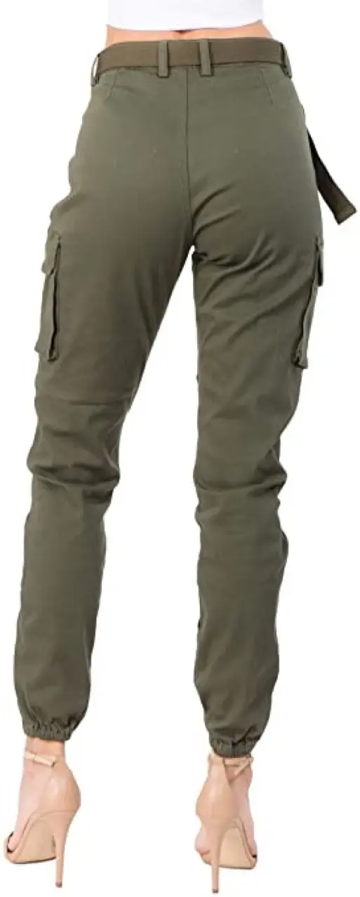 Women's Olive Green Slim Fit Cargo Pants with Belt - Image 3