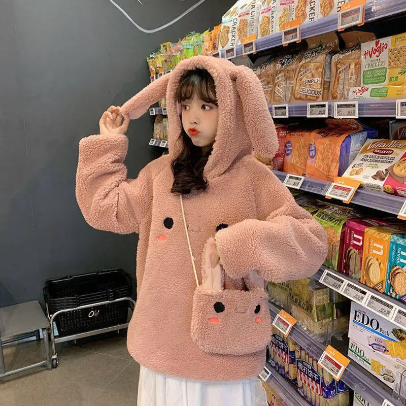 Women Korean Hooded Lamb Wool Coat White Winter - Image 4