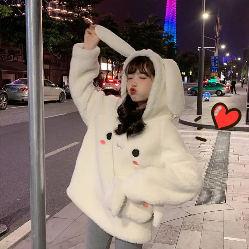 Women Korean Hooded Lamb Wool Coat White Winter - Image 5
