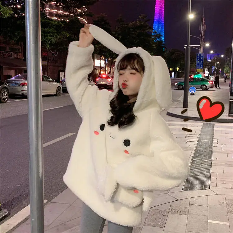 Women Korean Hooded Lamb Wool Coat White Winter — feature 6