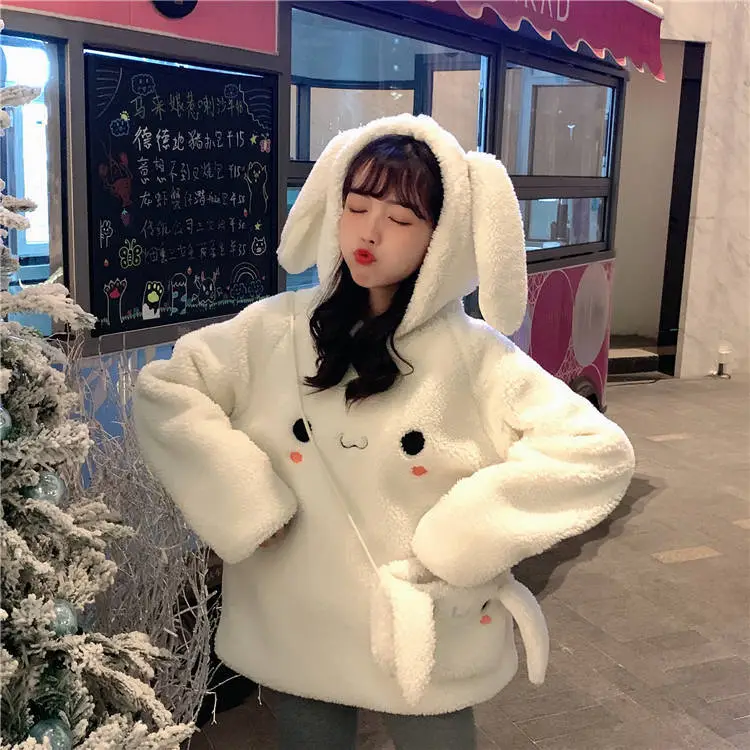 Women Korean Hooded Lamb Wool Coat White Winter — feature 7