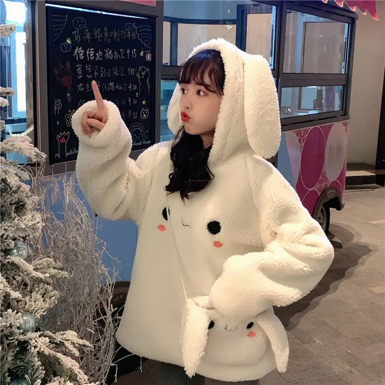Women Korean Hooded Lamb Wool Coat White Winter — feature 8