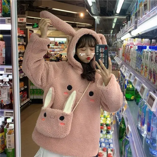 Women Korean Hooded Lamb Wool Coat White Winter - Image 2