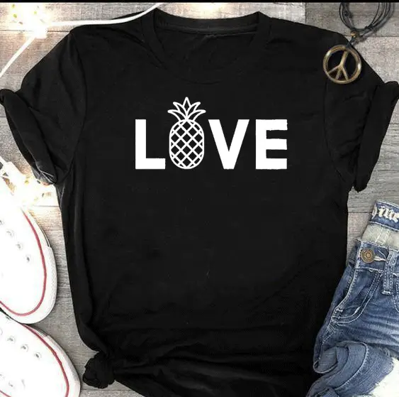Love Pineapple Graphic T-Shirt Grey Short Sleeve - Image 2