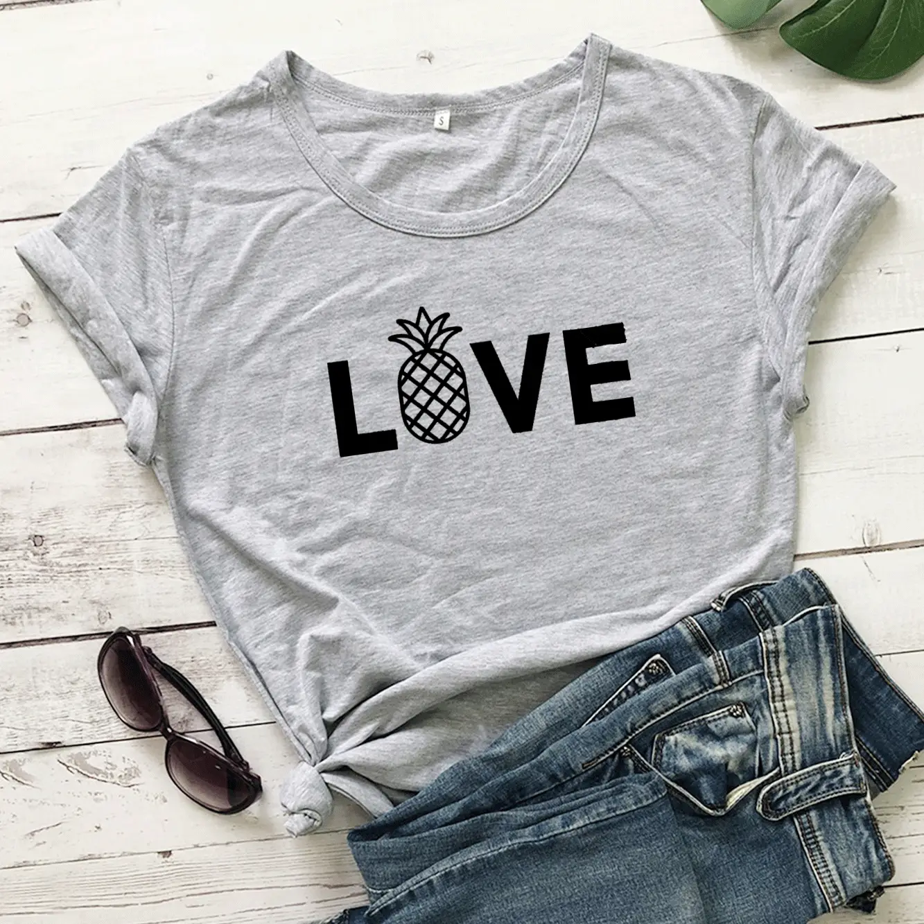 Love Pineapple Graphic T-Shirt Grey Short Sleeve - Image 3