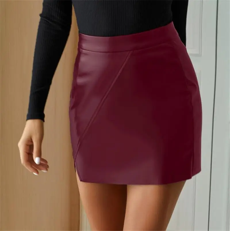 2024 Women's Brown Pu Leather Skirt High Waist Casual
