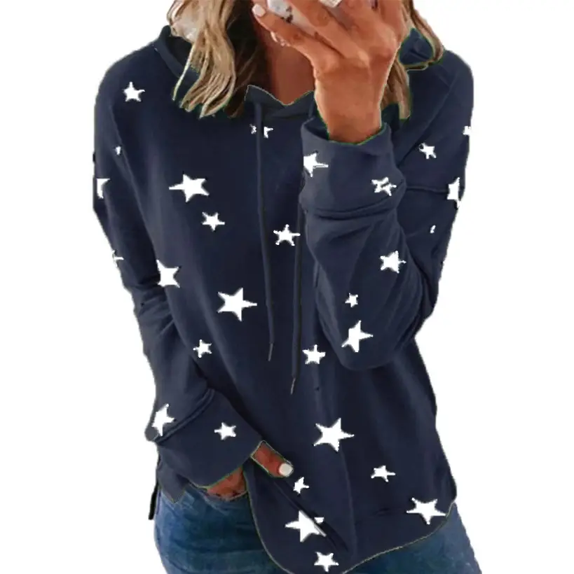 Women Star Printed Hooded Sweatshirt Purple Loose Fit - Image 15