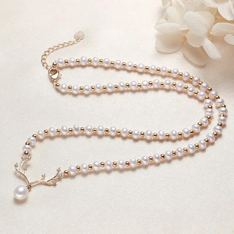 Pearl Necklace for Women 18K Gold Antlers Design - Image 3