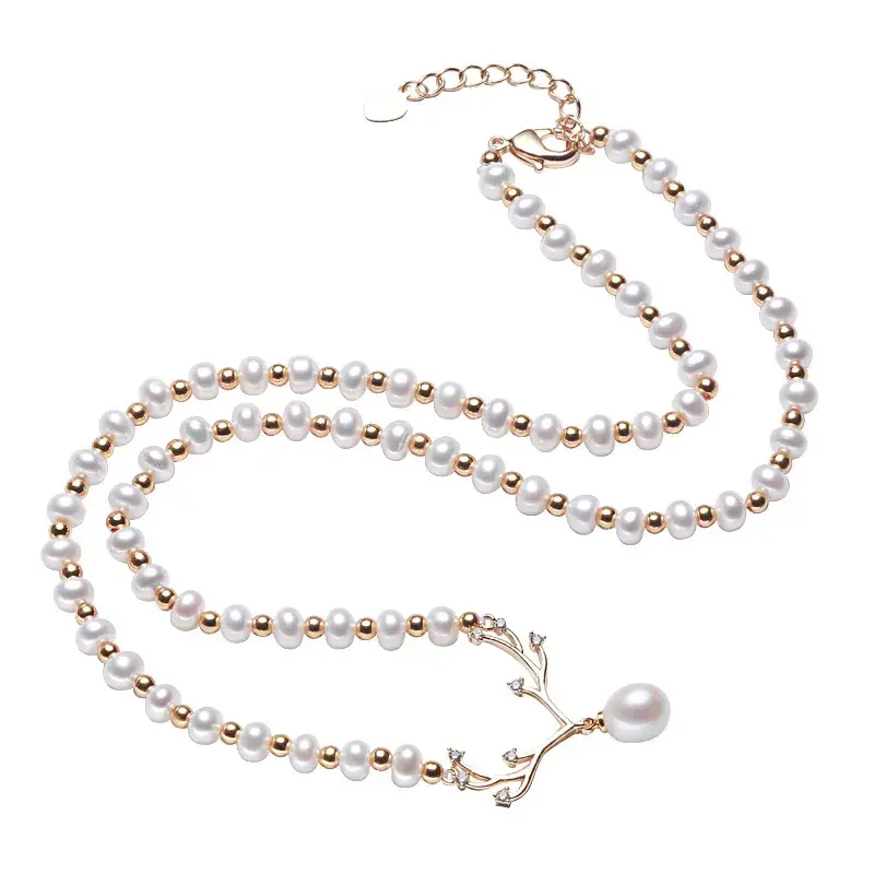 Pearl Necklace for Women 18K Gold Antlers Design - Image 5