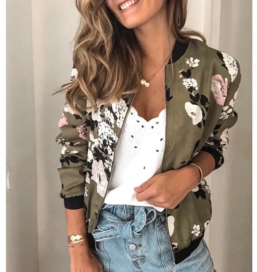 Women's Printed Round Neck Zipper Coat White Floral Winter — feature 13