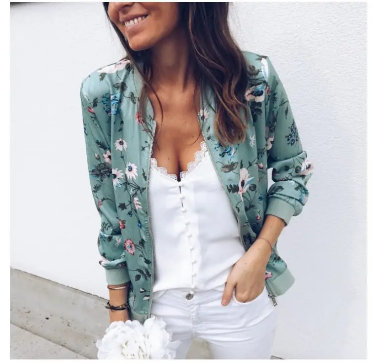 Women's Printed Round Neck Zipper Coat White Floral Winter — feature 5
