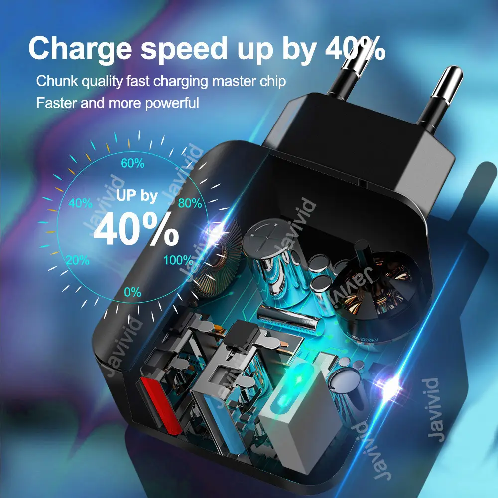 QC3.0 2USB Fast Charger with Luminous Blue Light