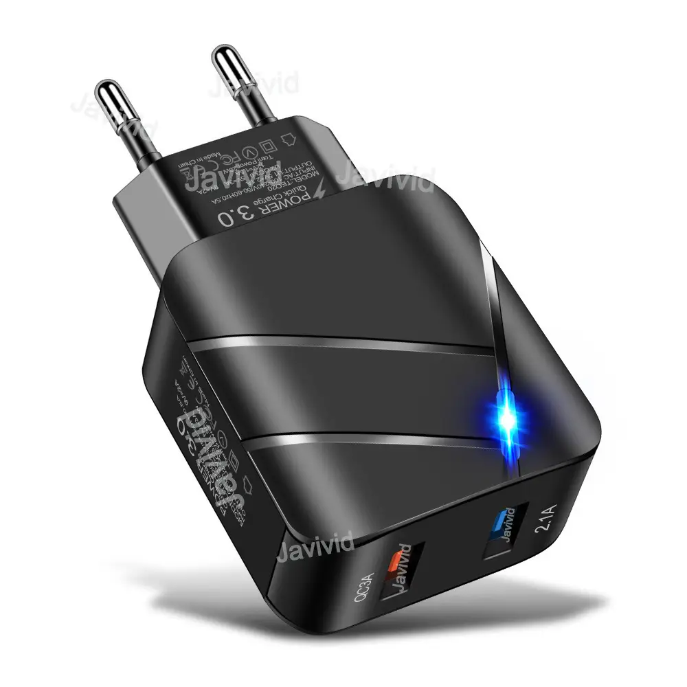 QC3.0 2USB Fast Charger with Luminous Blue Light