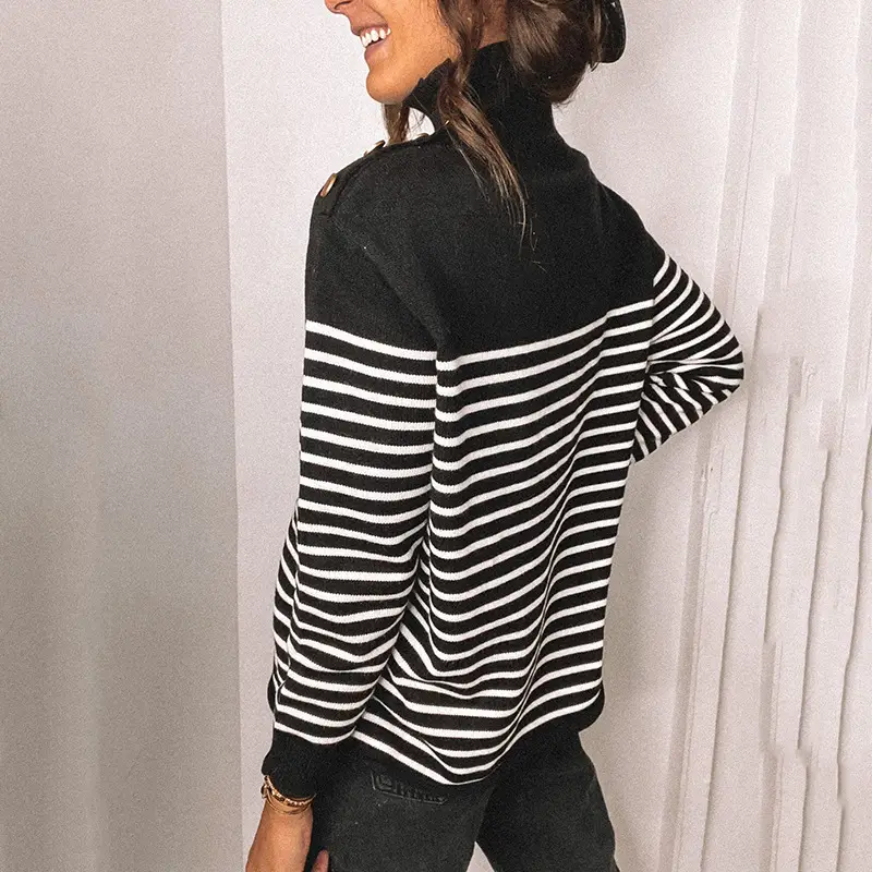 Women Striped Turtleneck Knit Pullover Black White - Image 4