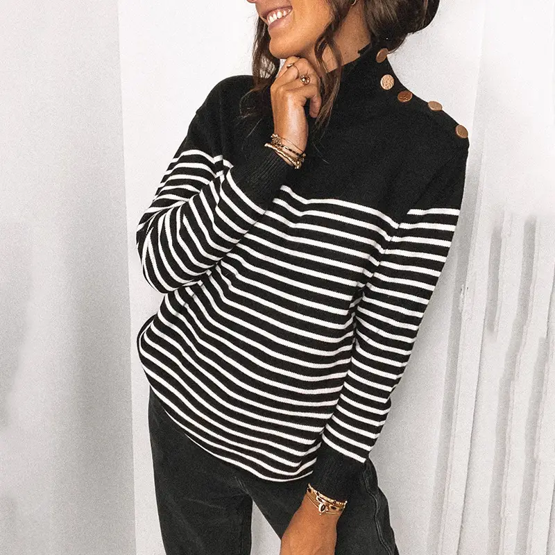 Women Striped Turtleneck Knit Pullover Black White - Image 5