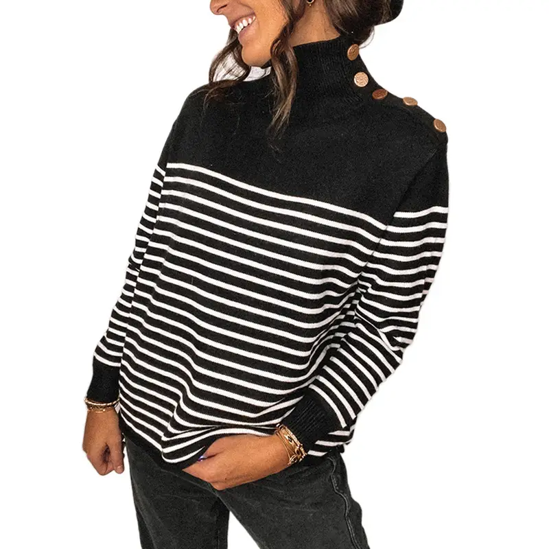 Women Striped Turtleneck Knit Pullover Black White - Image 6