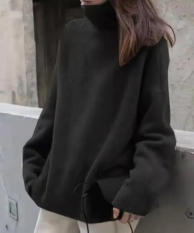 Women Knitted High-Neck Sweater Black Loose Style - Image 7