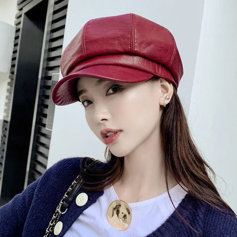 Women Pu Leather Octagonal Hat Autumn British Trendy - Image 5