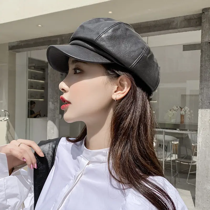 Women Pu Leather Octagonal Hat Autumn British Trendy - Image 6