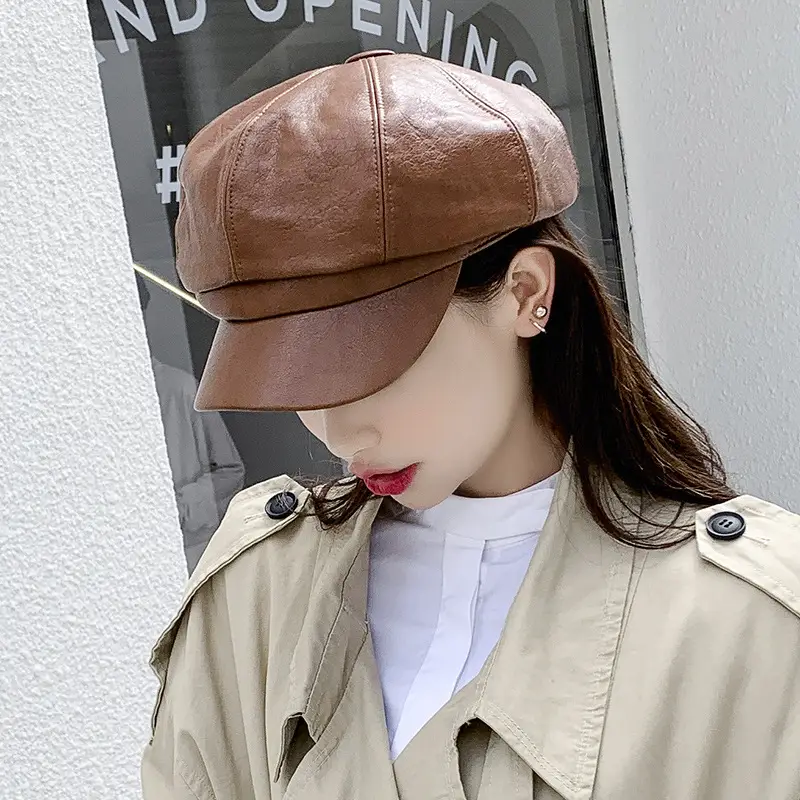 Women Pu Leather Octagonal Hat Autumn British Trendy - Image 7