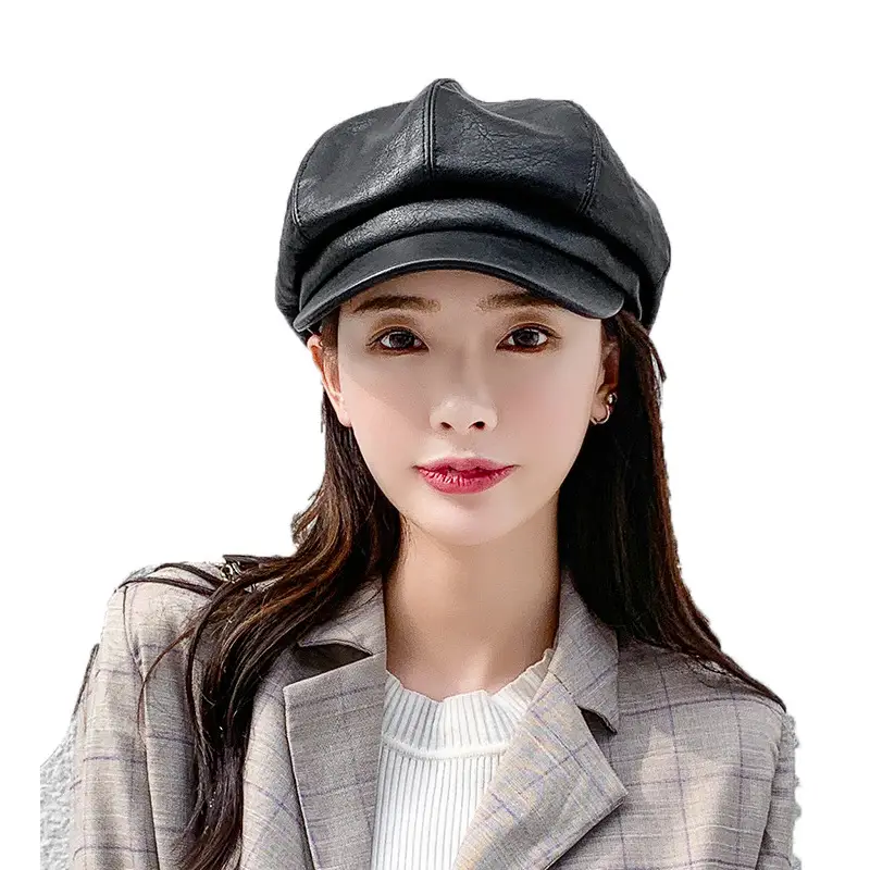 Women Pu Leather Octagonal Hat Autumn British Trendy - Image 8