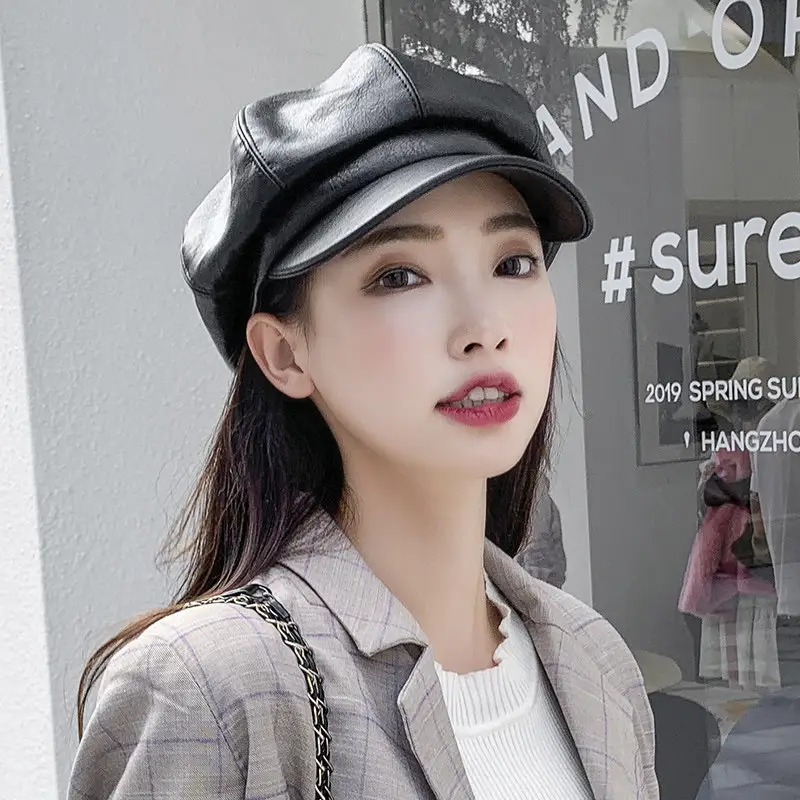 Women Pu Leather Octagonal Hat Autumn British Trendy - Image 2