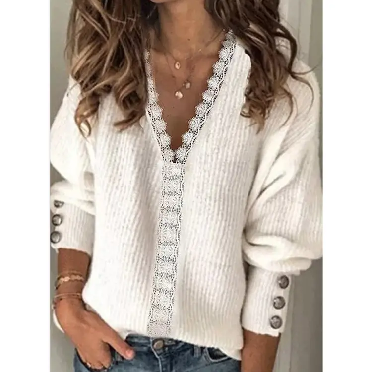 Women's White Knitted V-Neck Long Sleeve T-Shirt