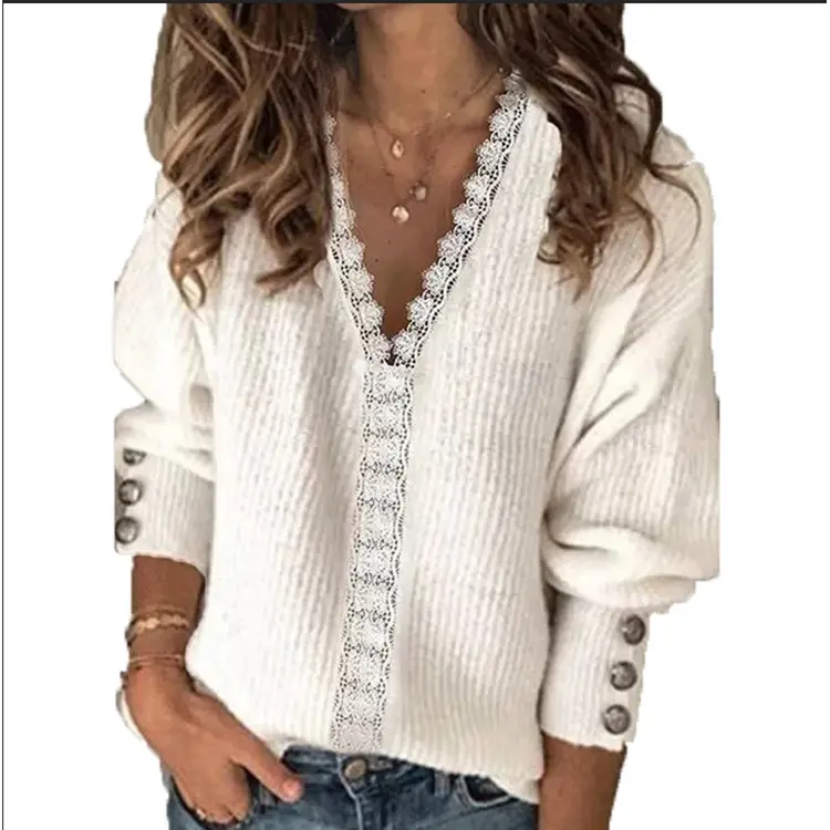 Women's White Knitted V-Neck Long Sleeve T-Shirt