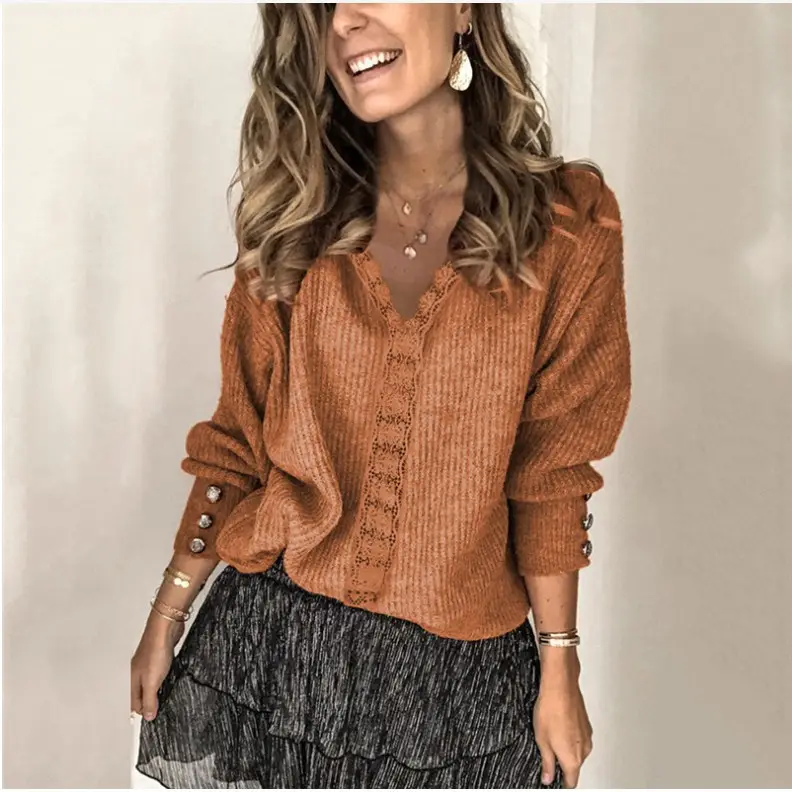 Women's White Knitted V-Neck Long Sleeve T-Shirt