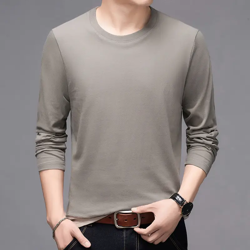 Men Long Sleeve Grey T-Shirt Spring Autumn Wear - Image 2