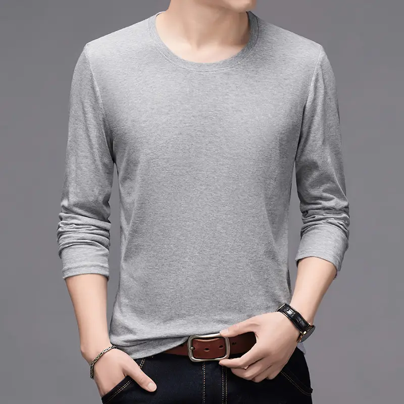 Men Long Sleeve Grey T-Shirt Spring Autumn Wear - Image 4
