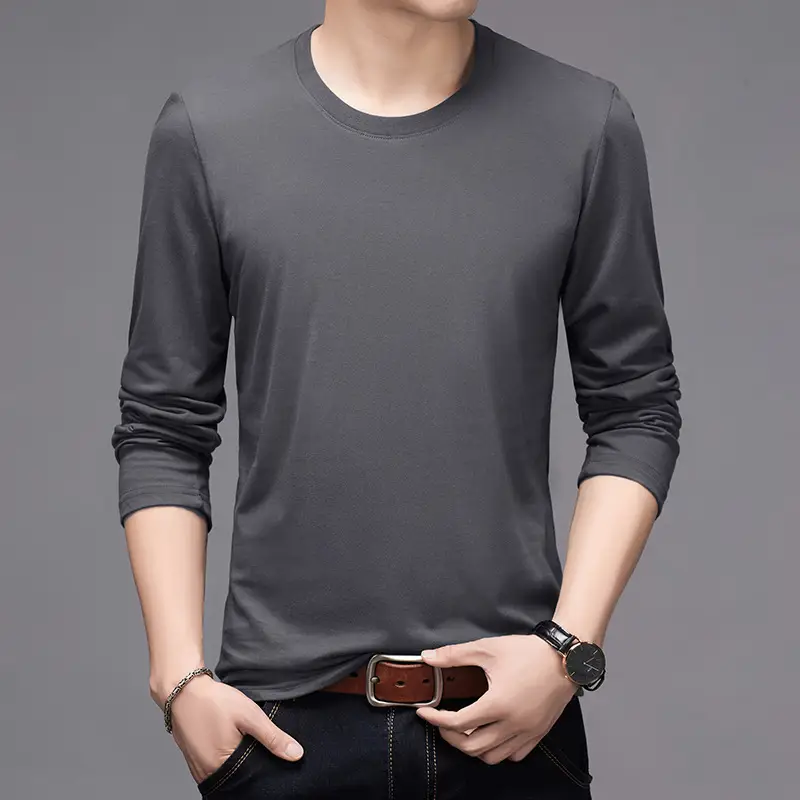 Men Long Sleeve Grey T-Shirt Spring Autumn Wear - Image 5