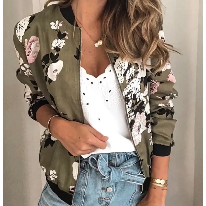 Women's Printed Round Neck Zipper Coat White Floral Winter - Image 9