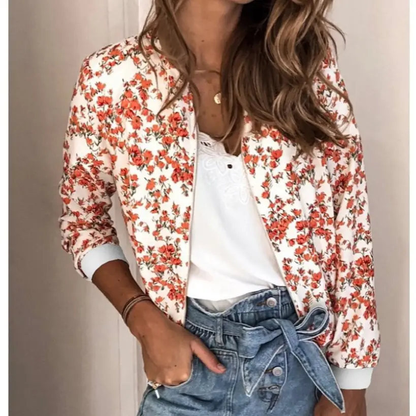 Women's Printed Round Neck Zipper Coat White Floral Winter - Image 10