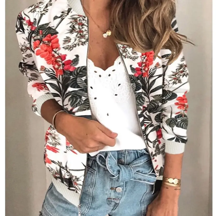 Women's Printed Round Neck Zipper Coat White Floral Winter - Image 11