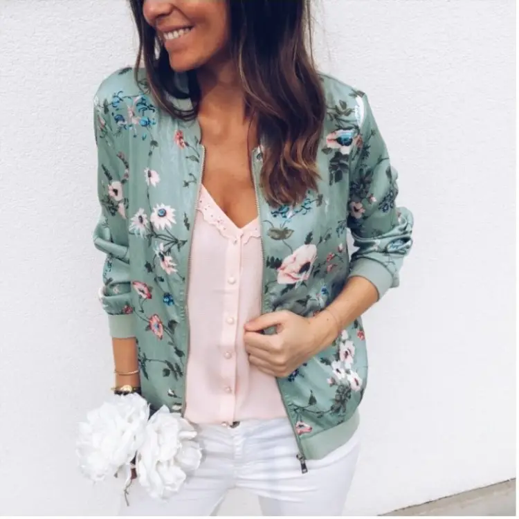 Women's Printed Round Neck Zipper Coat White Floral Winter - Image 12