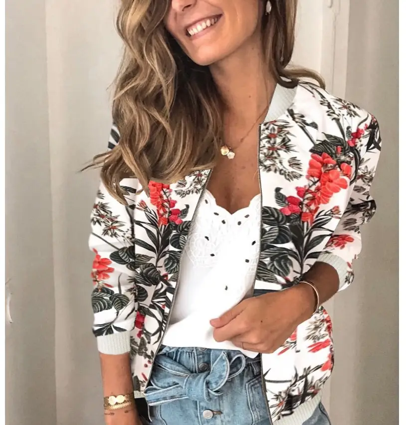 Women's Printed Round Neck Zipper Coat White Floral Winter — feature 10