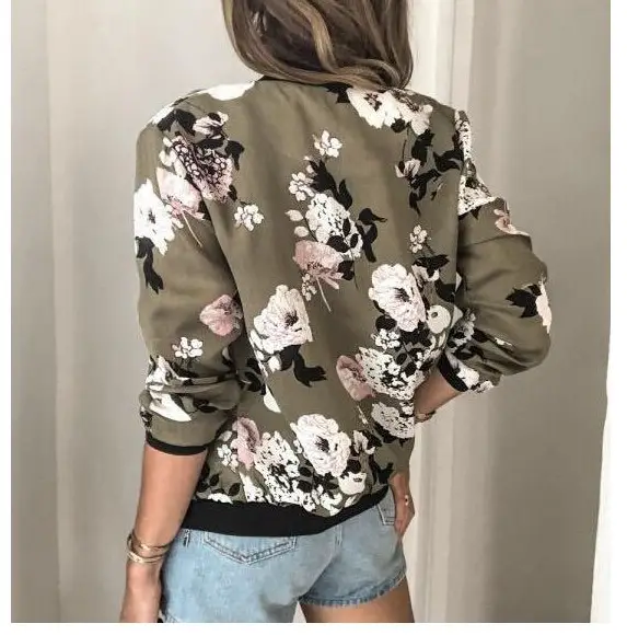 Women's Printed Round Neck Zipper Coat White Floral Winter — feature 12