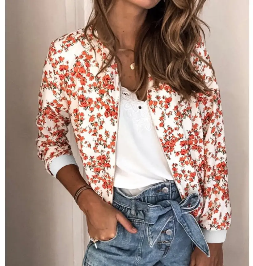 Women's Printed Round Neck Zipper Coat White Floral Winter — feature 14
