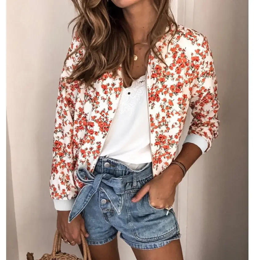 Women's Printed Round Neck Zipper Coat White Floral Winter — feature 15