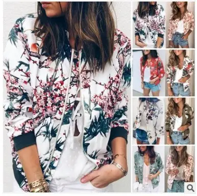 Women's Printed Round Neck Zipper Coat White Floral Winter — feature 2