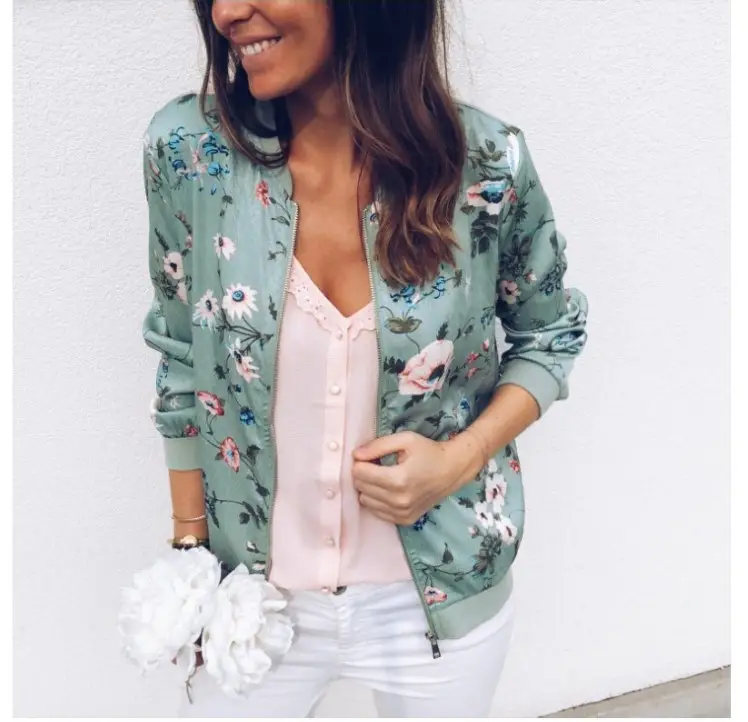 Women's Printed Round Neck Zipper Coat White Floral Winter — feature 3