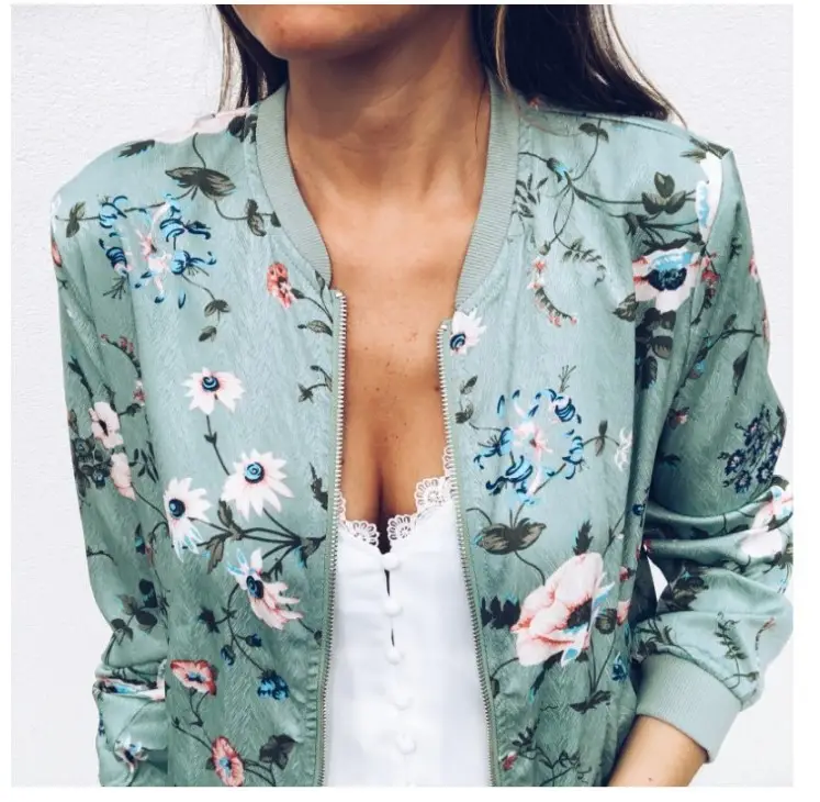 Women's Printed Round Neck Zipper Coat White Floral Winter — feature 4