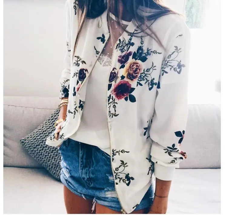 Women's Printed Round Neck Zipper Coat White Floral Winter — feature 6