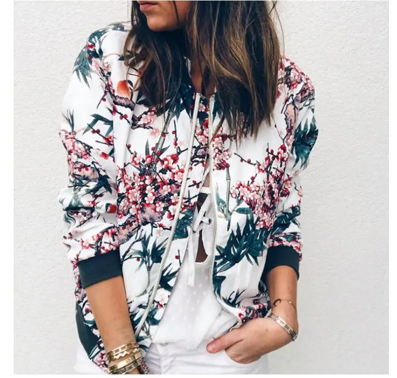 Women's Printed Round Neck Zipper Coat White Floral Winter — feature 8