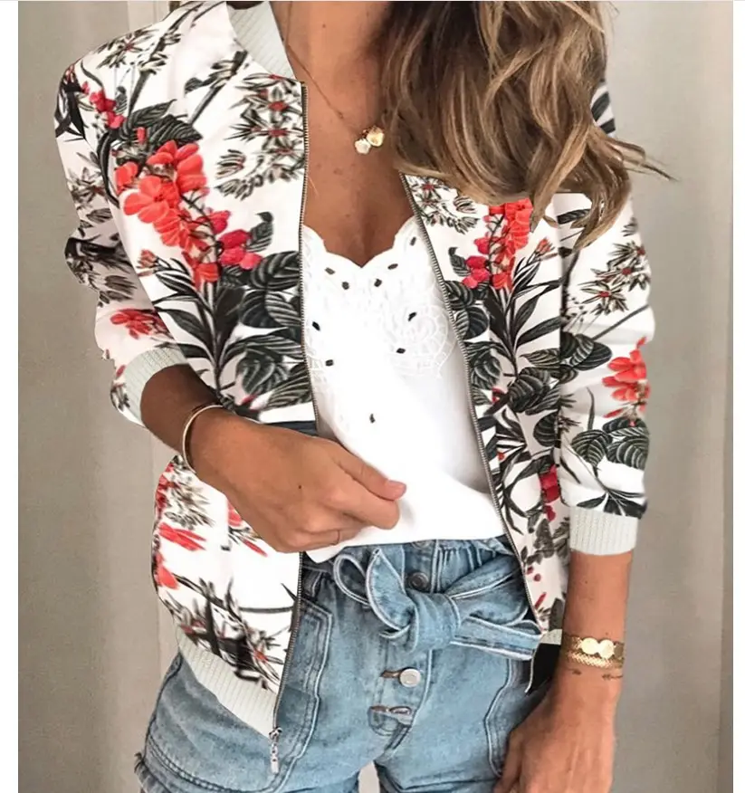 Women's Printed Round Neck Zipper Coat White Floral Winter — feature 9
